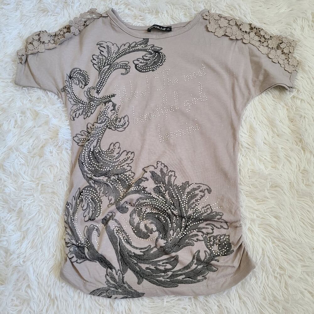 Bermini Beautiful Girls Bedazzled Lace Sleeve T-Shirt SZ XS